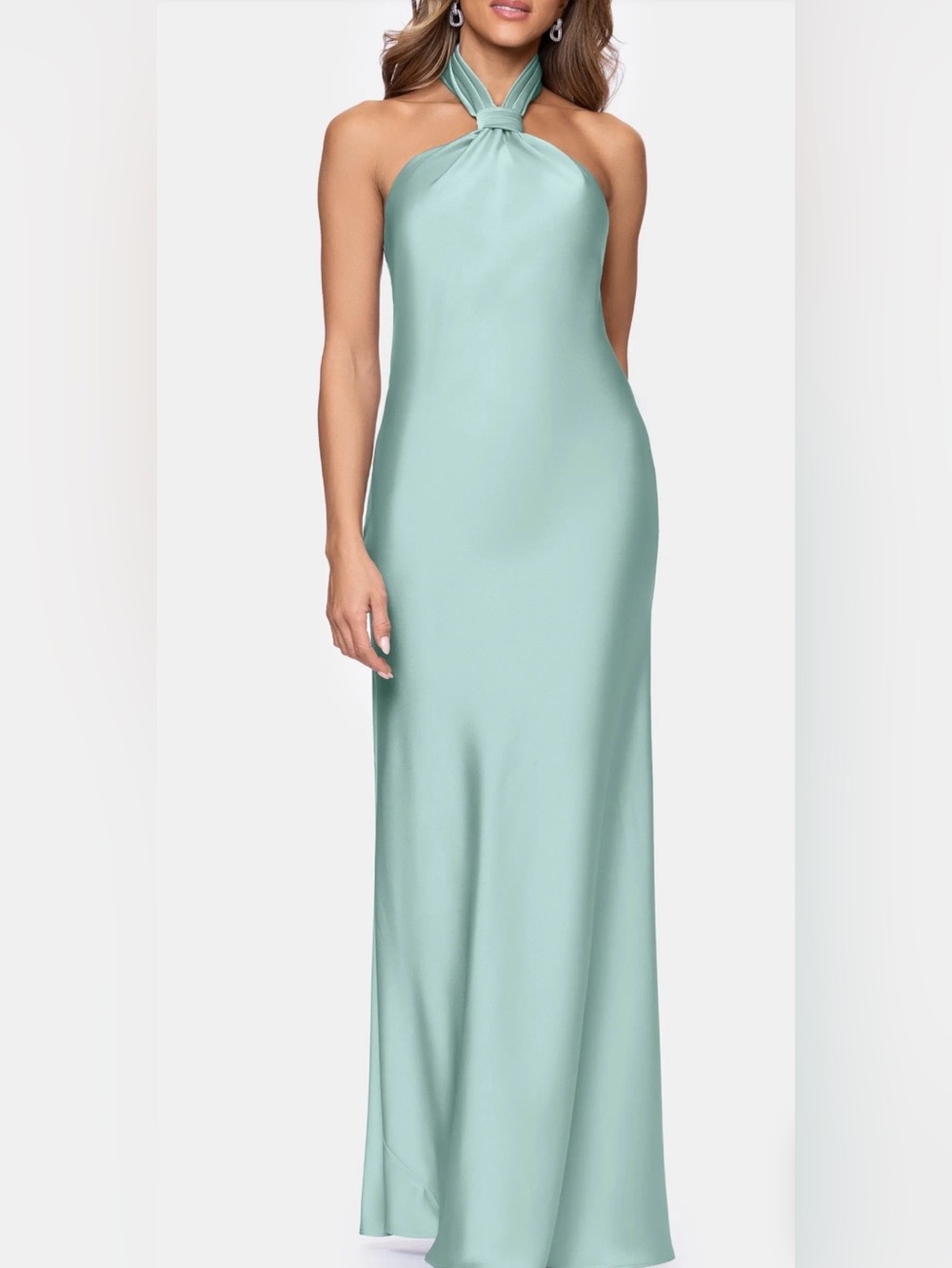Betsy & Adam Seafoam Halter Satin Evening Gown